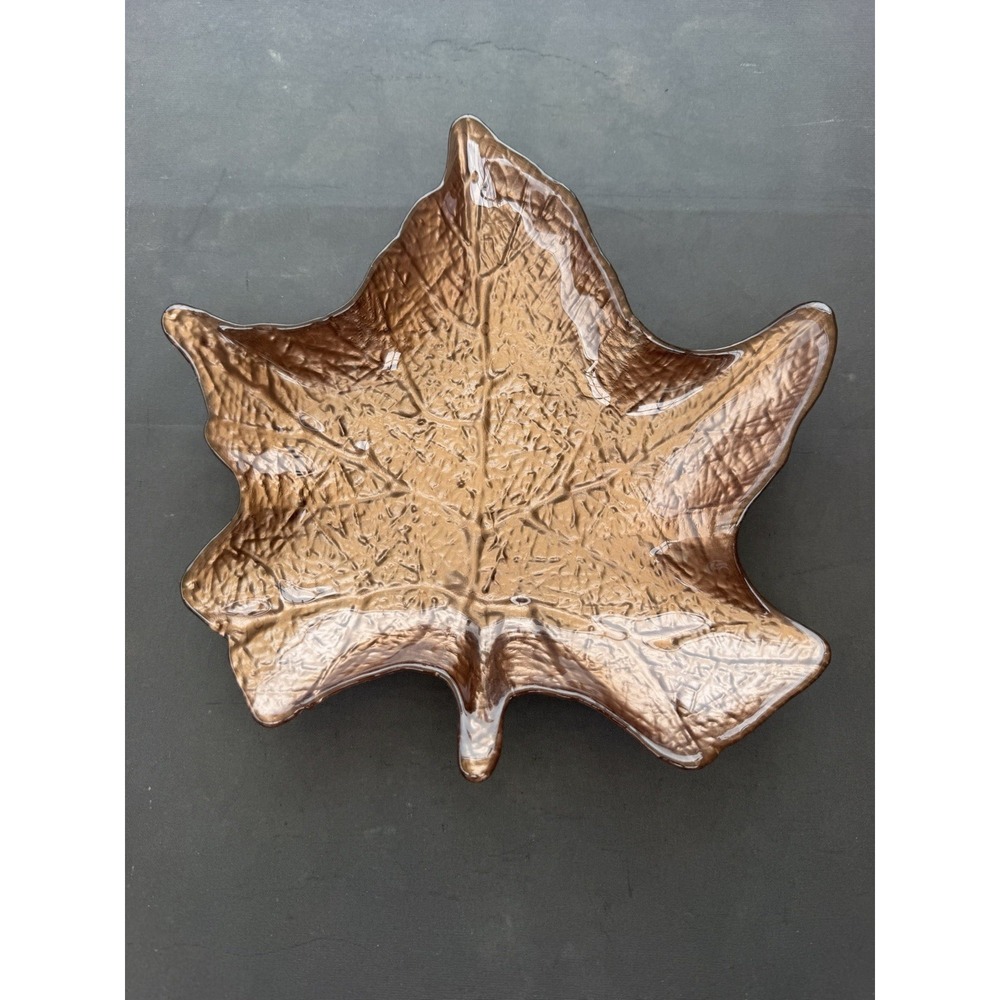 Glass Maple Leaf Decor Copper Brown Textured Centerpiece Fall Autumn Catchall